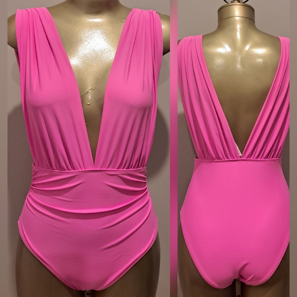 Cupshe Bubblegum Dream Pink Low Plunge One Piece Swimsuit